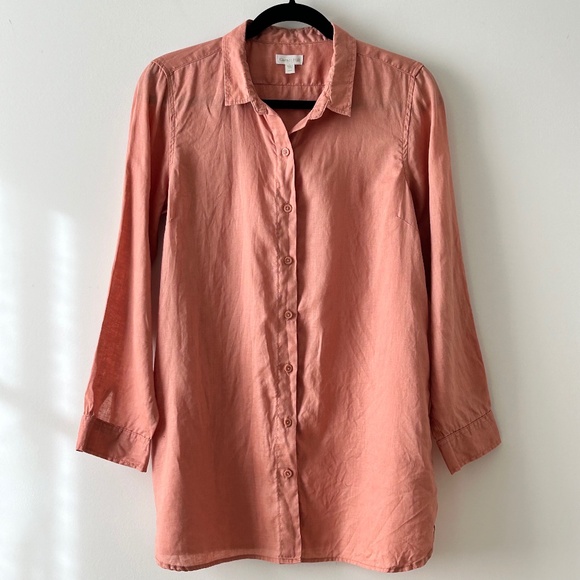 Garnet Hill 100% Linen Terracotta Blush Button Shirt - Picture 1 of 16